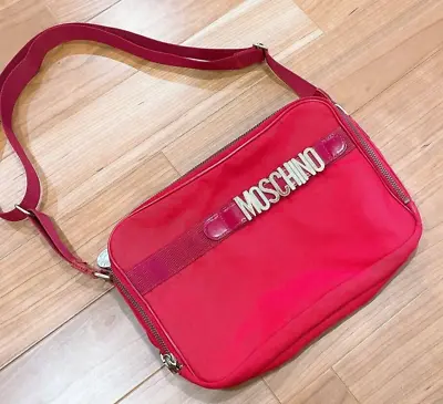 MOSCHINO Vintage Red Nylon Canvas Shoulder Pouch Movable Gold Logo W11  • $98.46