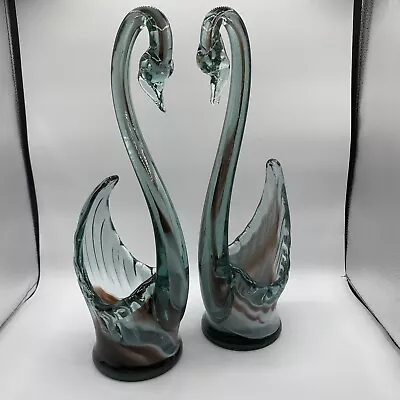 Vintage Rare Murano Style Emerald Brown White Swan Hand Blown Art Glass Pair Set • $130