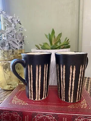 Ceramic Pottery Brown Striped Vintage Retro Country Kitchen Coffee Mug Cup Pair • $20