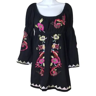 $20 • Buy VaVa By Joy Han Boho Embroider Floral Mini Shift Dress Black Small Bishop Sleeve