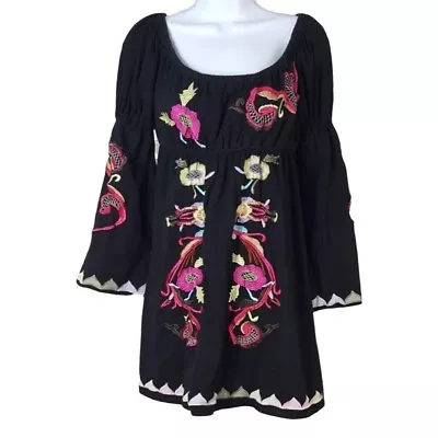 VaVa By Joy Han Floral Mini Dress Black Small Bishop Sleeve Boho Embroider Shift • $26.91