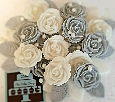 Handmade 100% Edible Wedding Roses Flowers Leaves Pearls Cupcake Cake Toppers • £8.35