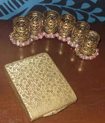 VINTAGE 6 Lipstick Tube Holder Vanity Hollywood Regency Pink Stones Plus Compact • $30