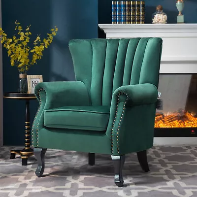 Upholstered Velvet Wing Back Oyster Rolled Armchair Queen Anne Chair Lounge Sofa • £169.95