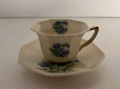Vintage Miniature Teacup & Saucer White W/Gold Trim Blue Flower • $11