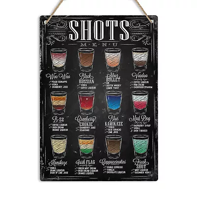 SHOTS MENU Cocktail Recipe Retro Metal Wall Sign Plaque Kitchen Bar Pub Man Cave • £6.49