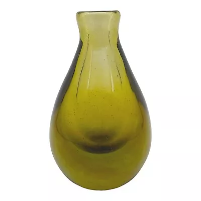 Hand Blown Signed Art Glass Bud Vase - 4.5  Small Vtg 1970s Olive Avocado Green • $20.30