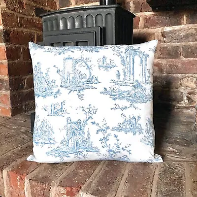 1038.Light Blue Toile De Jouy 100% Cotton Cushion Cover Various Sizes • £10