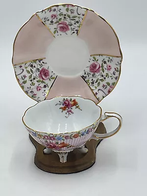 Vintage Queen Anne Footed Cup  & Saucer Bone China England Pink Roses Gold Trim • $24.39