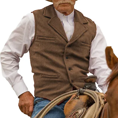 Mens Cowboy Vest Tweed Retro Vintage Herringbone Farmer Casual Waistcoat • $22.98
