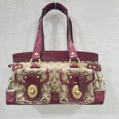 Y2K Coach Legacy Khaki Signature Canvas Plum Patent Leather Zip Purse Satchel • £76.88