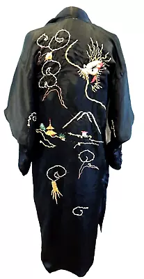 Vintage Japanese Kimono Robe Black Embroidered Gold Dragon Scene Mountain Temple • $22