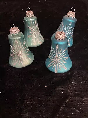 4 Vintage Turquoise Glass Christmas Bell W/ Glitter DesignOrnaments • $15