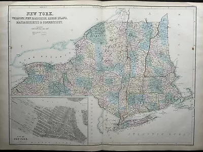 £34.99 • Buy 1854 New York, Manhattan & New England Large Hand Coloured Map By J. Bartholomew