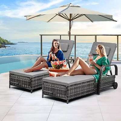 TAUS Outdoor Wicker Chaise Lounge Chair W/Cushion Rattan Patio Pool Lounger • $179.99