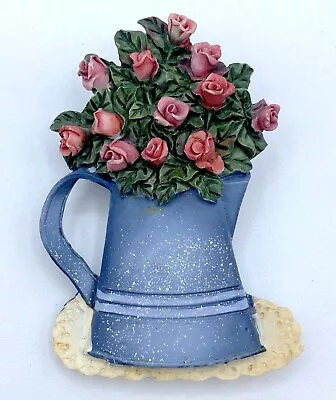 B5-646 Vintage Brooch Pin 2.5  Flower Painted Pink Rose Bouquet Watering Can • $4.99