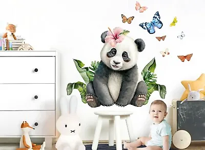 Baby Panda Butterfly Jungle Coconut Tree Palm Trees Wall Fabric Decal Sticker • $45.50