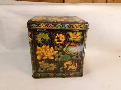 Vintage Designed By Daher Square Black Floral Decorative Tin ~ Made In England • $6.39