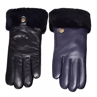 UGG Single Cuff Nappa Gloves Premium Sheepskin Wool Womens Mittens Black Blue • £47.10