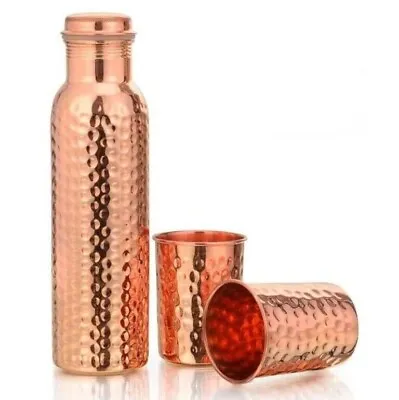Pure Hammered Copper Water Bottle With 2 Hammered Glass Set Of 3 • $28.34