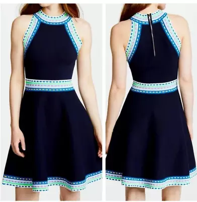 $450 Milly Woven Multicolor Trim Fit Flare Navy Dress Halter Neck Size P 0-2 • $33.75