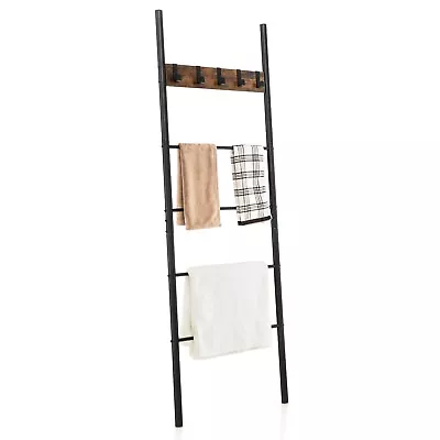 Wall Leaning Industrial Blanket Holder Rack 5-Tier Ladder Shelf With 5 Hooks • £24.95