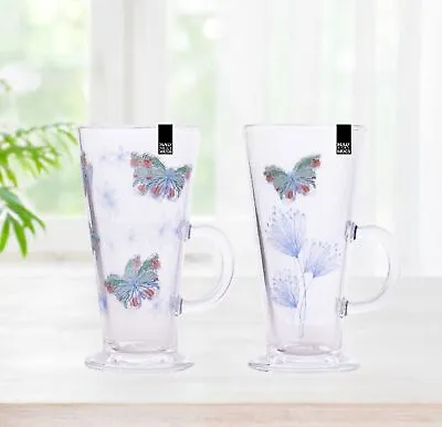 2 Butterfly Latte Glasses Tall Coffee Mug Hot Chocolate Mocha Drinks Glass 250ml • £7.99