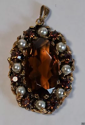 Vintage Pendant Gold Tone Faux Pearls Large Brown Faceted Glass Center Stone • $20