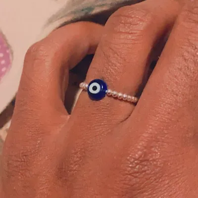 Turkish Evil Eye Finger Ring Elastic Beaded Ring Charm Women Party Jewelry Gift • £2.99
