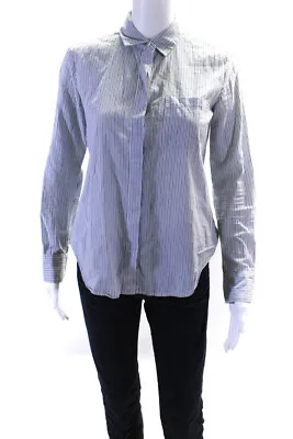Vince Womens Cotton Striped Covered Placket Buttoned Collared Top Blue Size 0 • $40.81