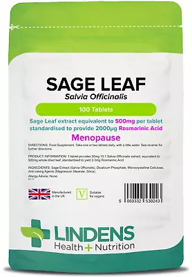 Lindens Sage Leaf Extract 500mg 100 Tablets - Menopause Hot Sweats Flushes • £8.99