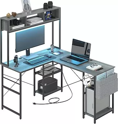 Grey Shaped Desk With Hutch  Long Writing Table For 2 LED Strip Included • $149.99
