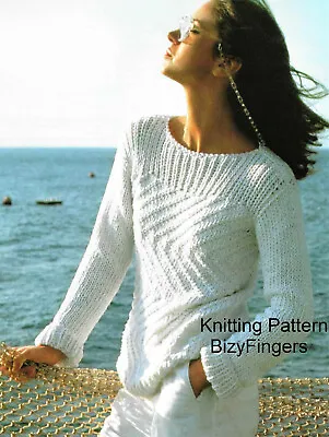 Ladies Spring Summer Sweater Jumper KNITTING PATTERN Cotton DK 32 -36 Slash Neck • £2.15