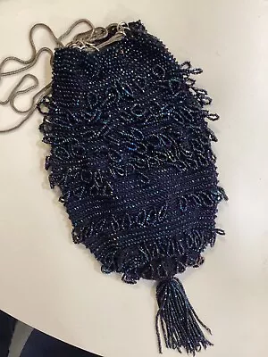 Antique Black Iridescent  Beaded 1920’s Flapper Chain Drawstring Purse W/Tassel  • $25