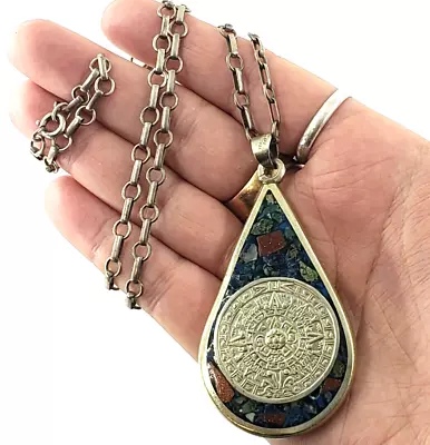 Sterling Silver Pendant Mayan Calendar Aztec Pyramid Ancient Mesoamerican Mosaic • $100