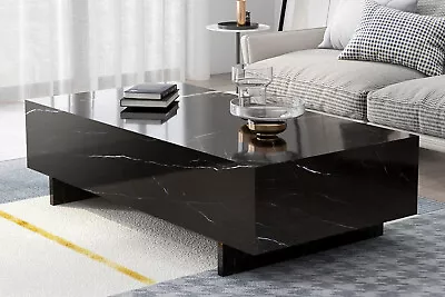 Black High Gloss Large Coffee Table Marble Veneer Rectangle Living RoomFurniture • $119.99