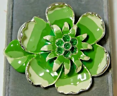 Vintage Mi Green Glitter Enamel Daisy Flower Leaf Brooch Pendant Silver Tone 9b8 • $31.49