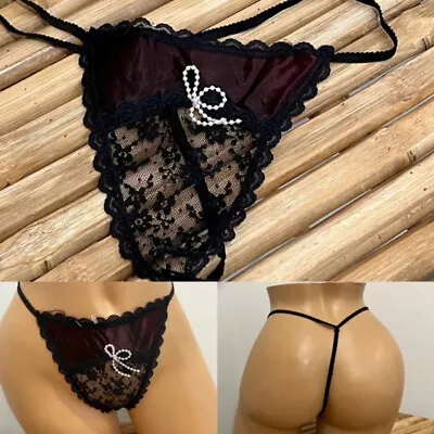 VTG By UNDERCOVERWEAR EMBELLISHED SATIN LACE STRING THONG BIKINI PANTY ONE SZ • $1.25