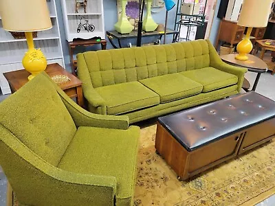 Mid-Century Modern Vintage Flexsteel Green Tweed Sofa And Modern Lounge Chair • $1450