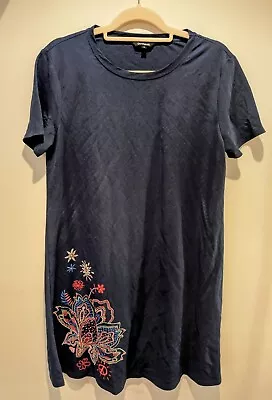 Desigual Navy XL (AU M-L) Short Sleeve Midi Dress Embroidery Look Pattern AS NEW • $31