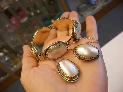 Vintage Whiting & Davis MOP Mother Of Pearl Bracelet & Clip On Earrings  #B93 • $29.99