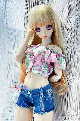 1/4MSD 1/3SD BJD Doll Clothes Floral Off-shoulder Crop Top Ripped Denim Shorts • $35.50