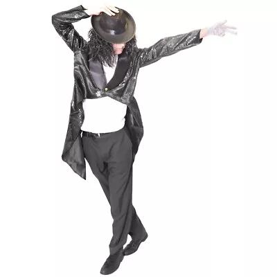 Adults King Of Pop Costume Black Sequin 80s Jacko Superstar Thriller Fancy Dress • £25.99