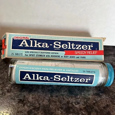 Vintage Alka-Seltzer 25 Tablet Glass Bottle With Tablets  And  Box • $14.99