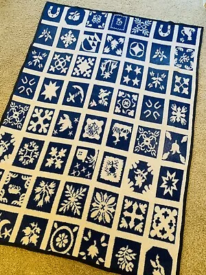 Vintage Unique Reversible Blue White Blanket 73x53 Folk Amish Anchor Stencil • $99.99