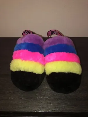 UGG Fluff Yeah Slide Size 10 Women's  Black/Taffy Neon Rainbow NWOB • $50