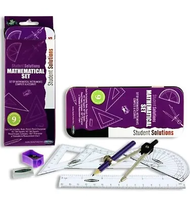 New 9 Piece Geometry Maths Set Compass Ruler Mathematical Drawing Set + Tin Case • £4.99