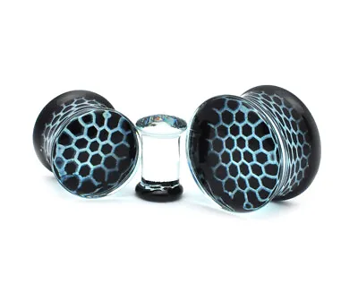 Black Honeycomb Glass Plugs (PG-548) Gauges PICK YOUR SIZE • $14.39