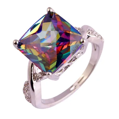 925 Sterling Silver Square Rainbow Mystical Topaz + White Topaz Ring Size 10 • $15.74