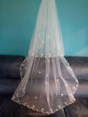 Wedding Veil Ivory 2 Tier Floor Length Veil & Combslide Embroidered Edge V213 • £12